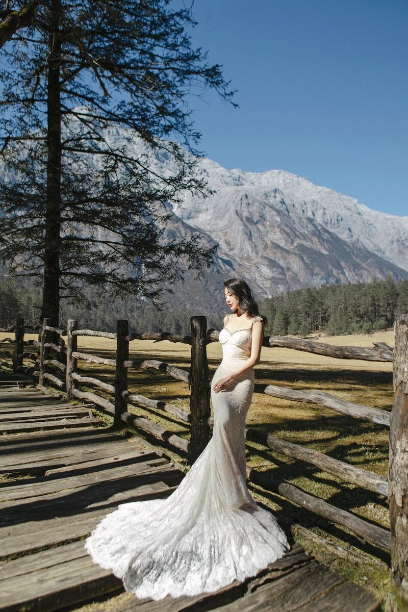 Bride in a couture dress shot in dramatic trees with mountains in the background.