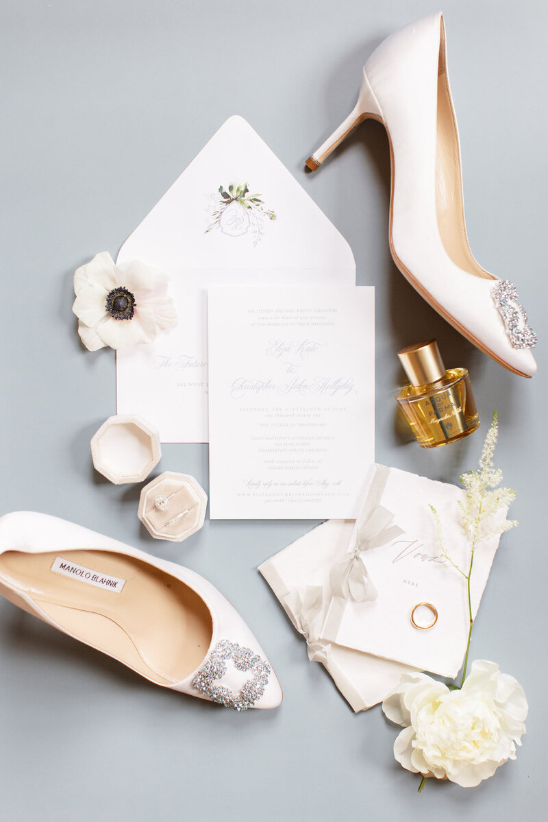 Charleston wedding with timeless invitations and Manolo Blahnik heels