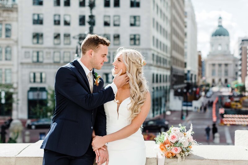 Elegant wedding couple in downtown South Bend, Indiana, captured by Leah Rife Photography.