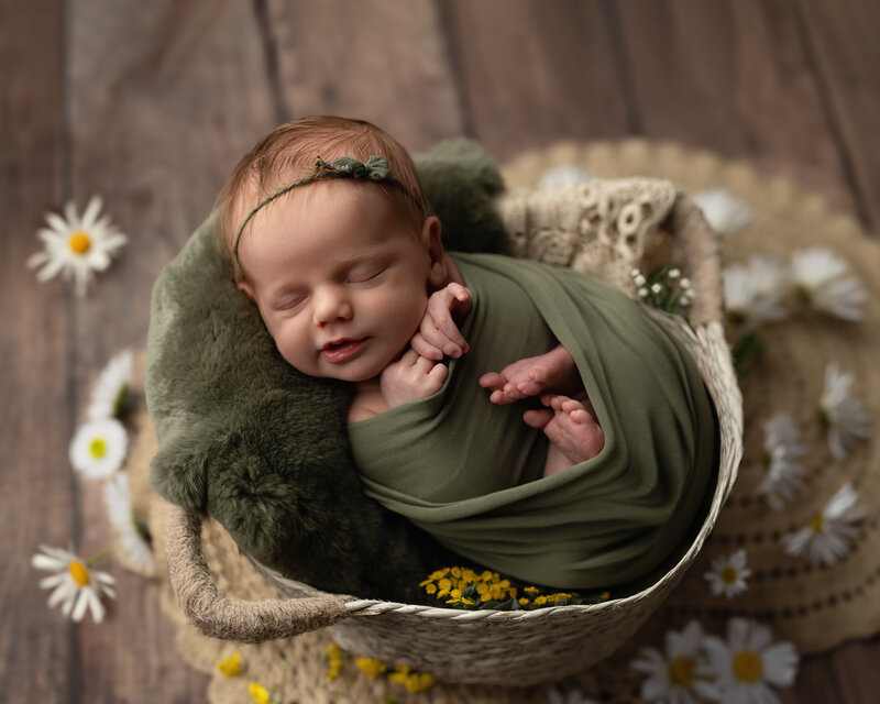 An organic newborn portrait styled with olive green, earthy textures, and fresh daisies—captured in Paris, Ontario