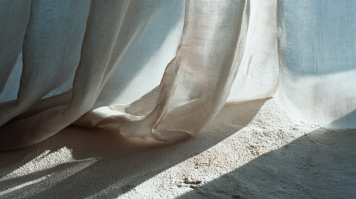 Soft linen curtains flowing in natural light, creating a serene and airy texture background, reflecting the minimalist coastal aesthetic of Kathalyst Design Studio.