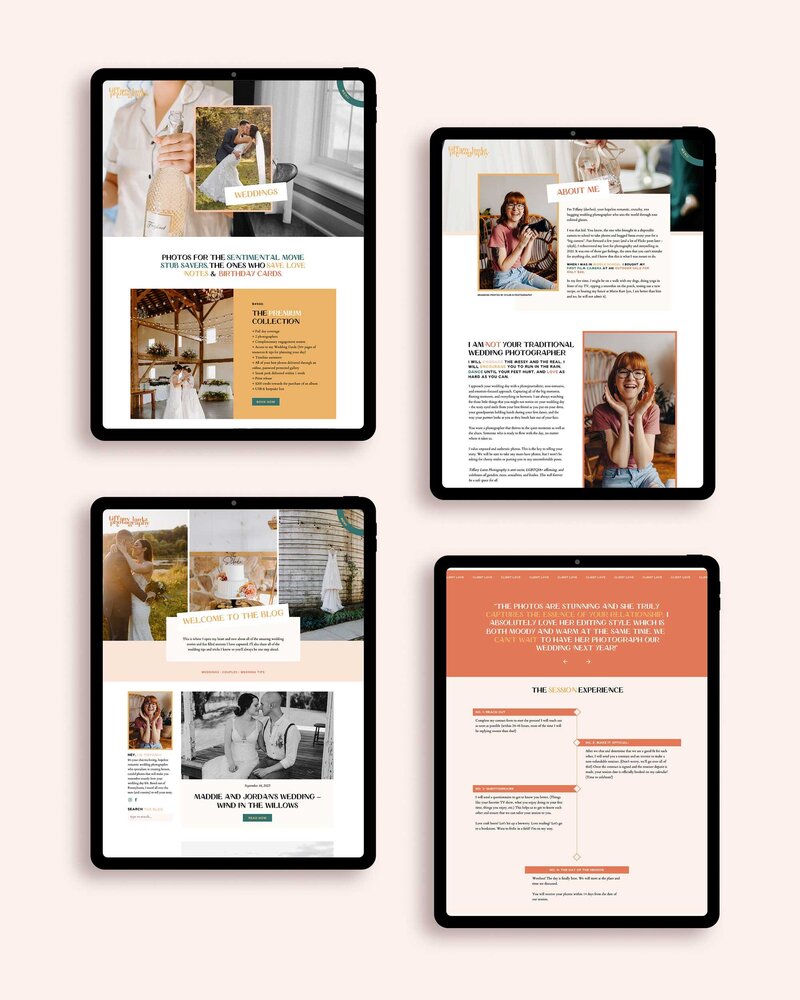 Mockup showing an ipad with four website designs.