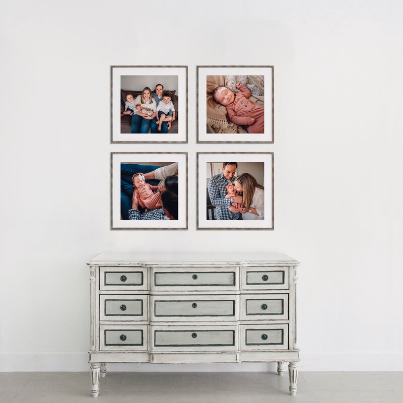 Gallery wall arrangement of newborn photos