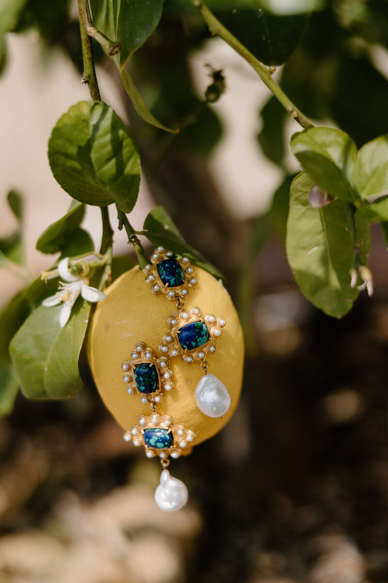Earrings hanging off a lemon on a tree 