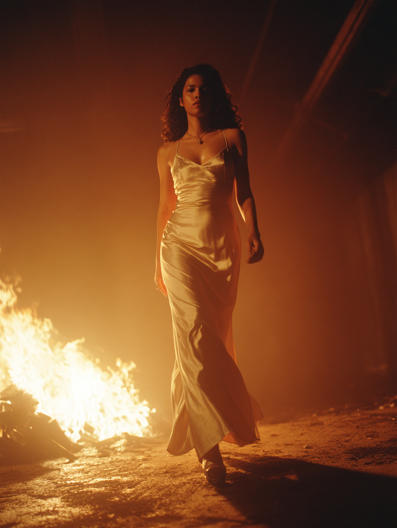 Woman walking away from flames, symbolizing the radical power of letting go and reclaiming personal freedom.