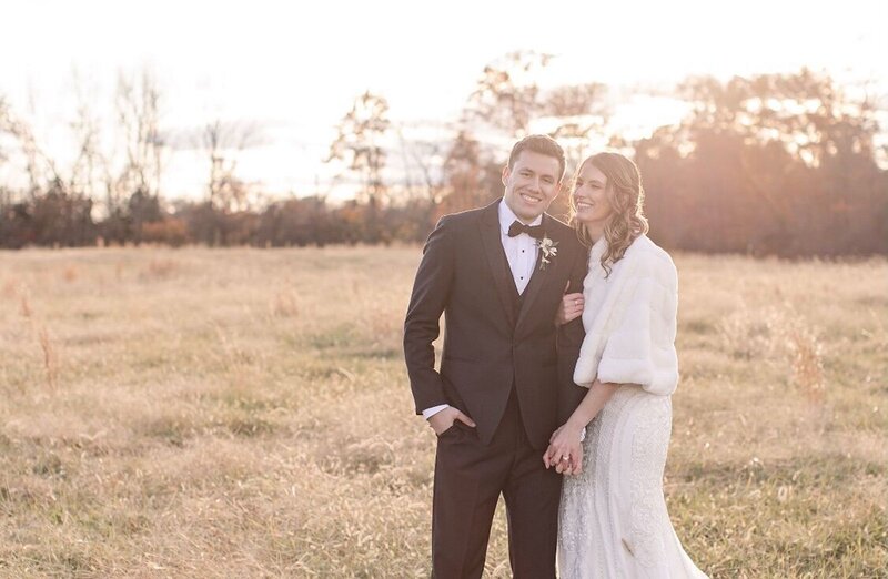 Bride and Groom at golden hour during winter wedding in pa