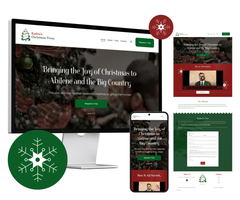 Holiday-themed website mockup for Kaden’s Christmas Trees, with desktop and mobile views and full homepage display