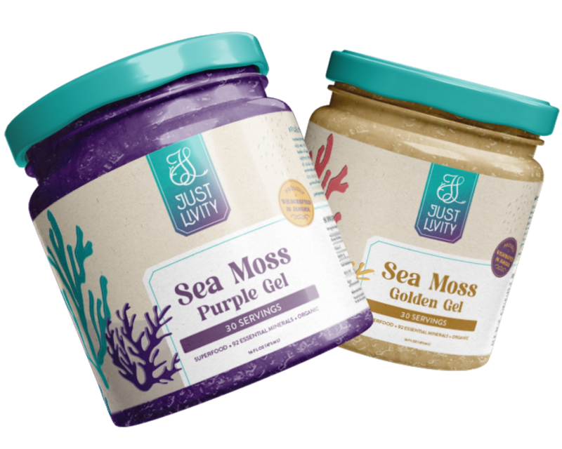 Two mason jars floating with different flavors, purple and golden sea moss gel.