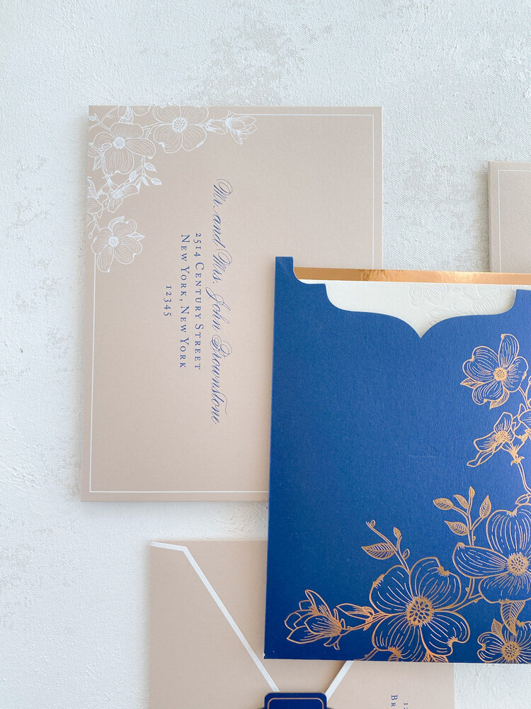 Rose gold and navy wedding invitations