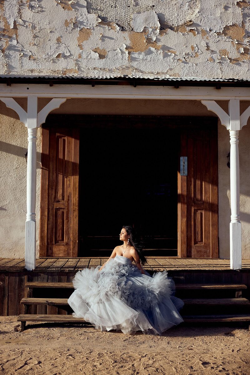 Editorial-style senior portrait of a teen girl in a voluminous gray tulle gown, seated on steps of a rustic wooden porch in natural golden light.