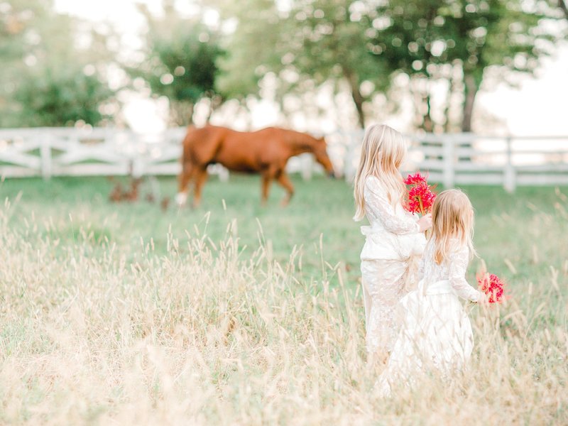 photo session of little girls with horse in field at lake oconee