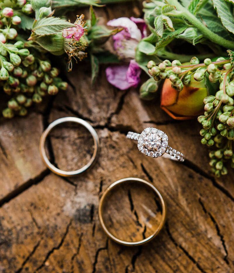Pacific Northwest elopement photographer Amy Galbraith's image of a halo-style engagement ring and two wedding bands with flowers displayed on a wood stump