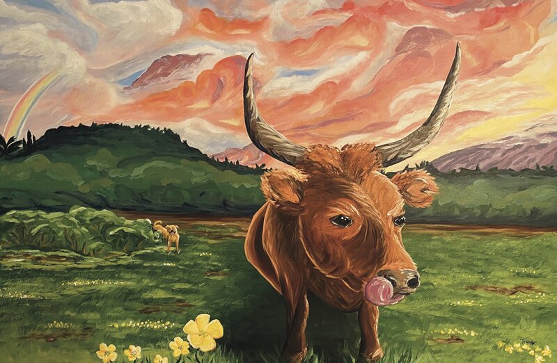 Longhorn Cow portrait in a green  pasture with the family dog in bacground and an orange sunset in the sky