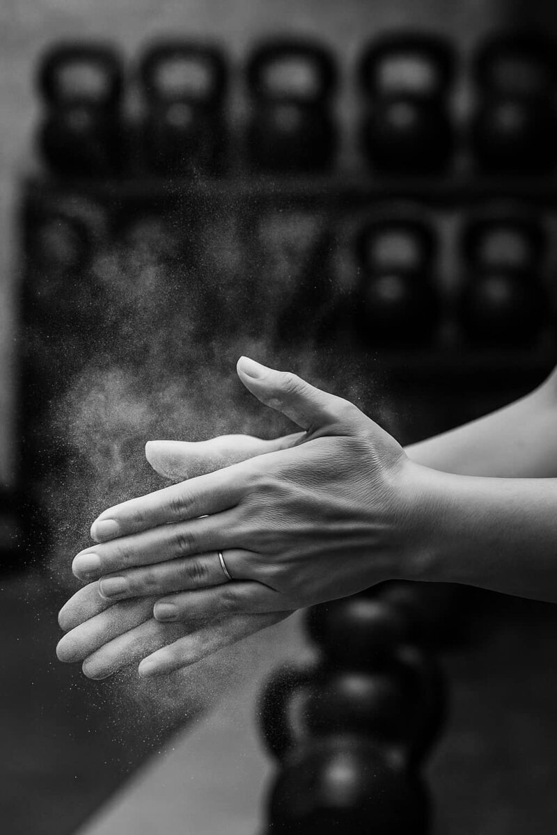 Close-up of a midlife woman’s chalk-covered hands clapping to dust off excess chalk, with blurred kettlebells in the background.
