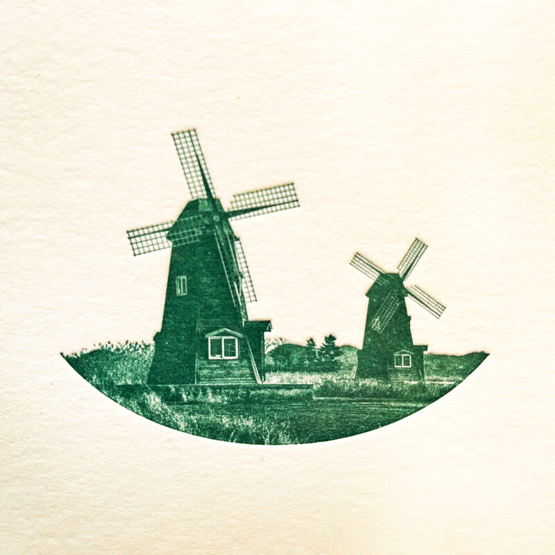 green windmill illustration letterpress for wedding invitation