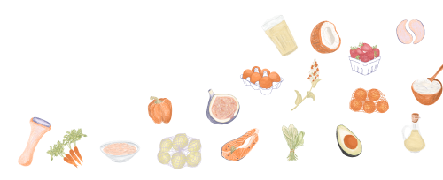 custom illustrations of carrots, eye roller pepepr, salmon, orange, olive oil, greens and more for nuri brand