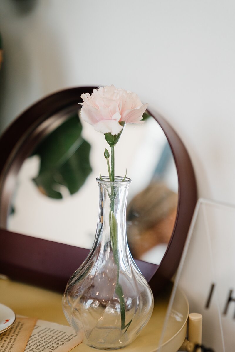 Single pink flower in a glass vase