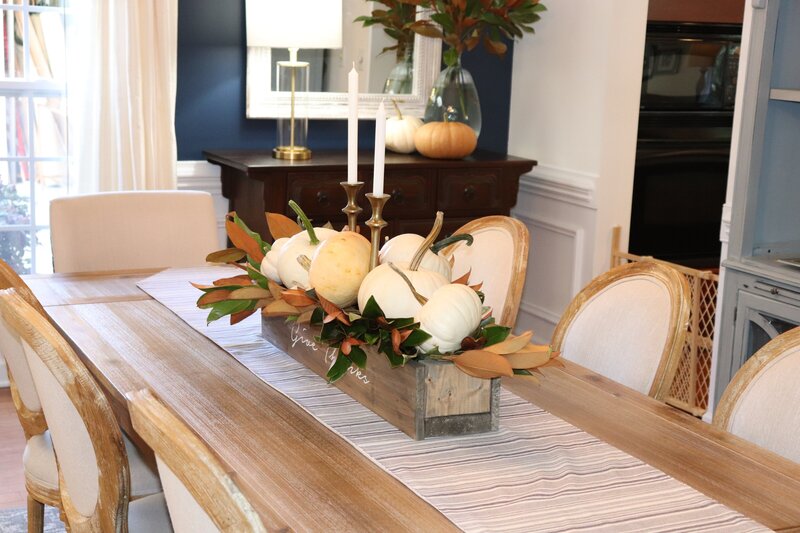 Fall centerpiece with white pumpkins