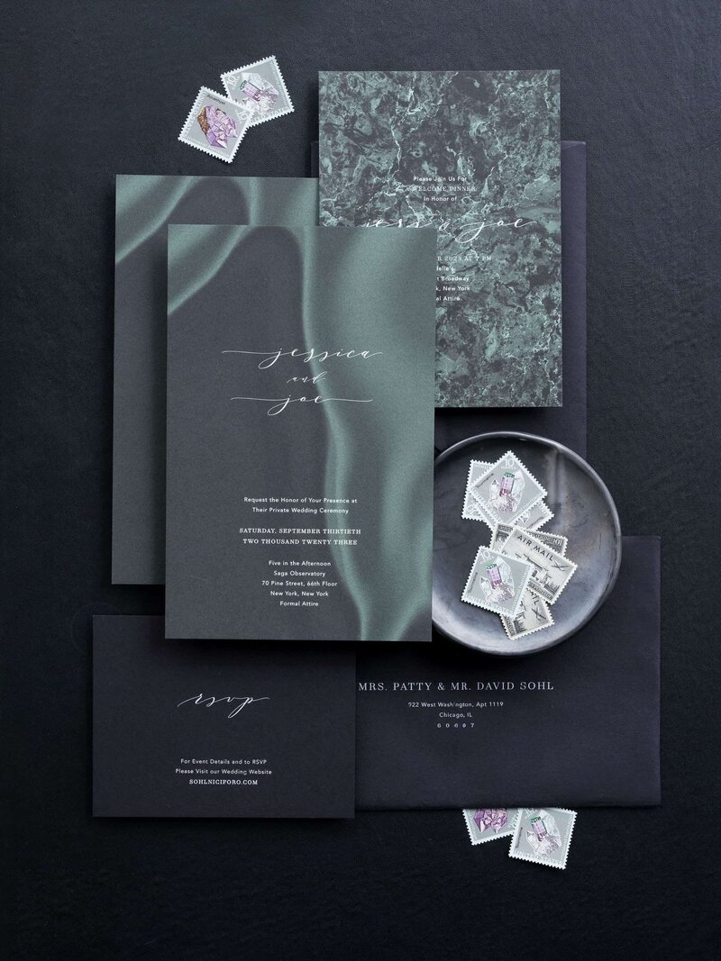 Moody wedding invitation and stationery flatlay