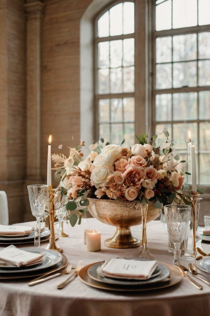Stunning floral centerpiece featuring peach and ivory tones with pops of green in a large rose gold compote.