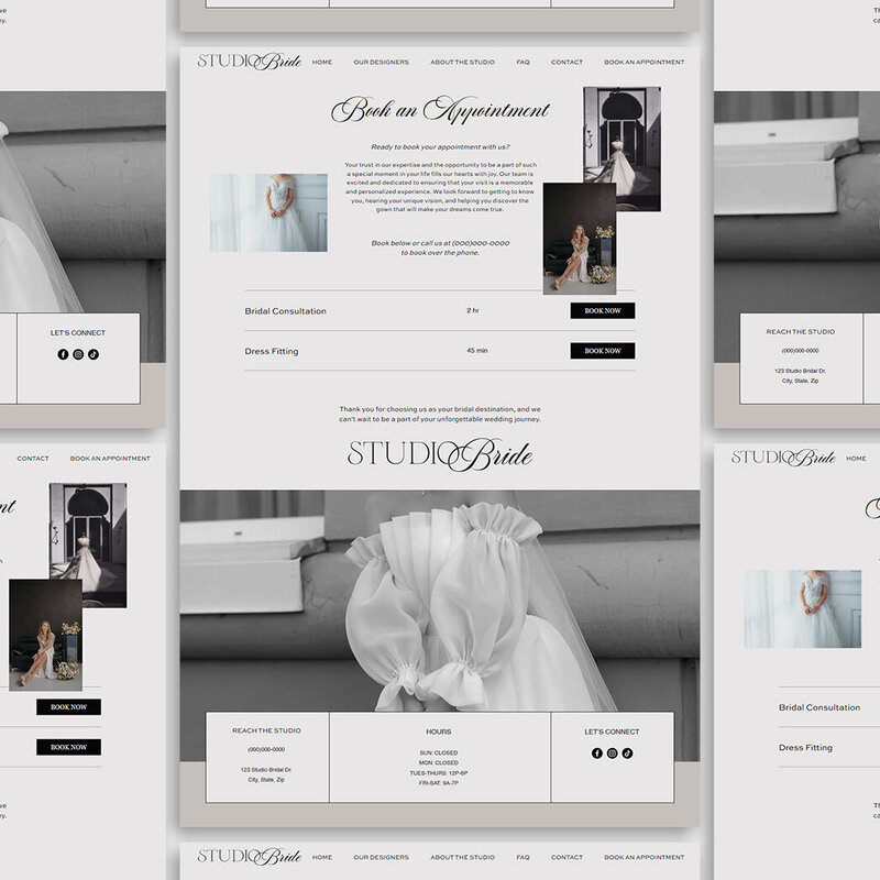 A booking page for a bridal salon that features neutral colors, three photos of various wedding dresses, and the options to book a consultation or dress fitting.