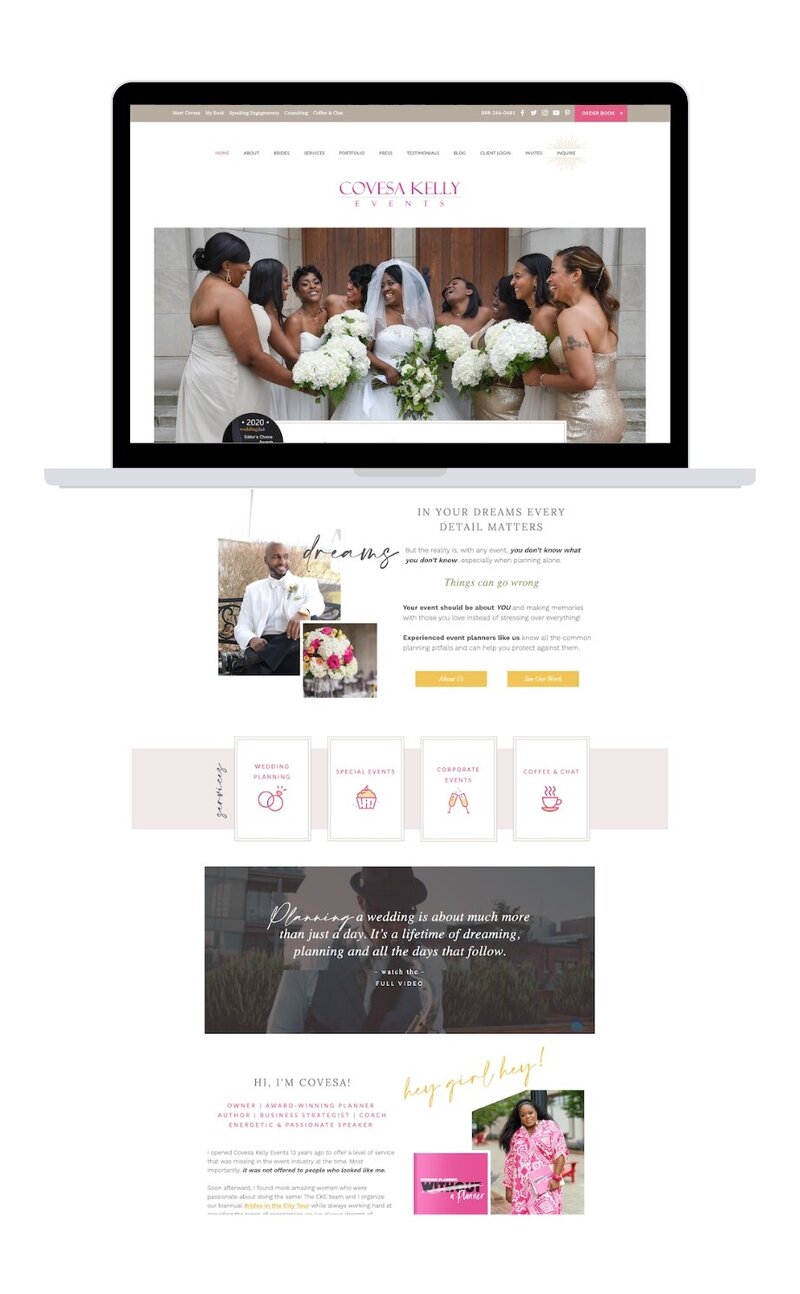 Mock-up of Covesa Kelly Events website, highlighting expert business coaching and stress-free event planning services.
