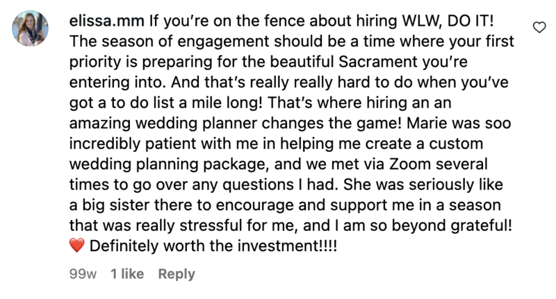 Screenshot of a kind review for White Lily Weddings from a past client.