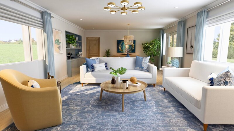 Coastal themed living room and dining room with white sofas, gold fabric round backed arm chair.  Built in dresser, Modern Fireplace upgrade with side bench seats and tambour style storage underneath. Double aspect windows.