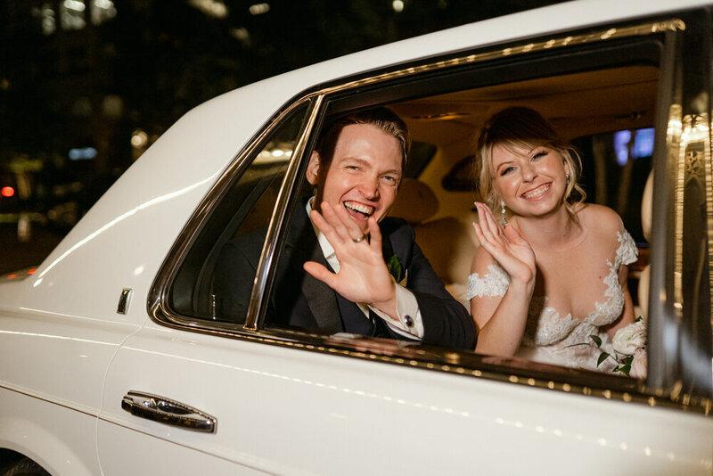 Swank Soiree Dallas Wedding Planner Lauren and Ashton at the Crescent Hotel - leaving the reception in a white car