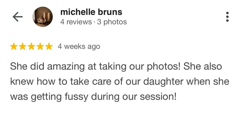 A 5-star review from Michelle Bruns, complimenting Melissa on her photography skills and her ability to calm their daughter when she became fussy during the session.