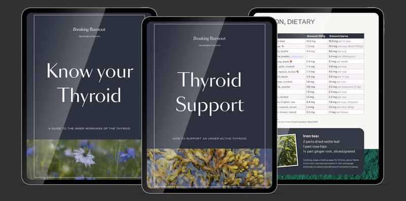 3 tablets showcasing the Breaking Burnout recipe ebooks.