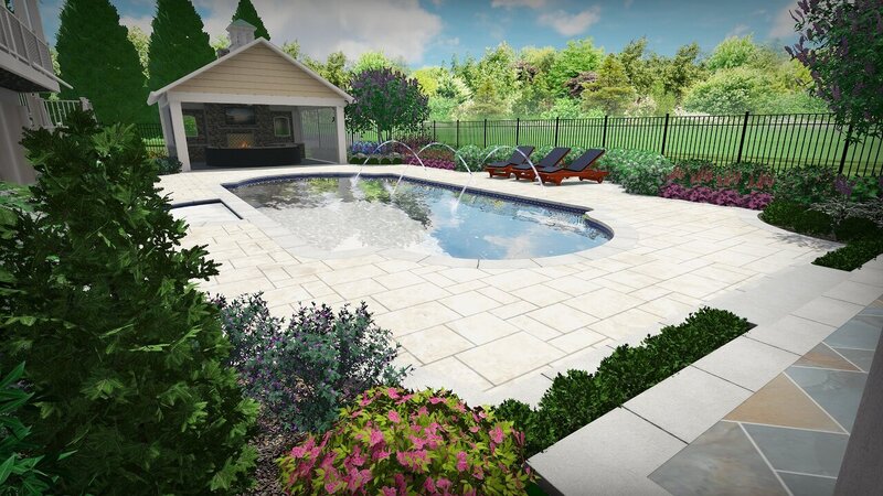 Paver Patio Pool Deck with Pool with Fountains