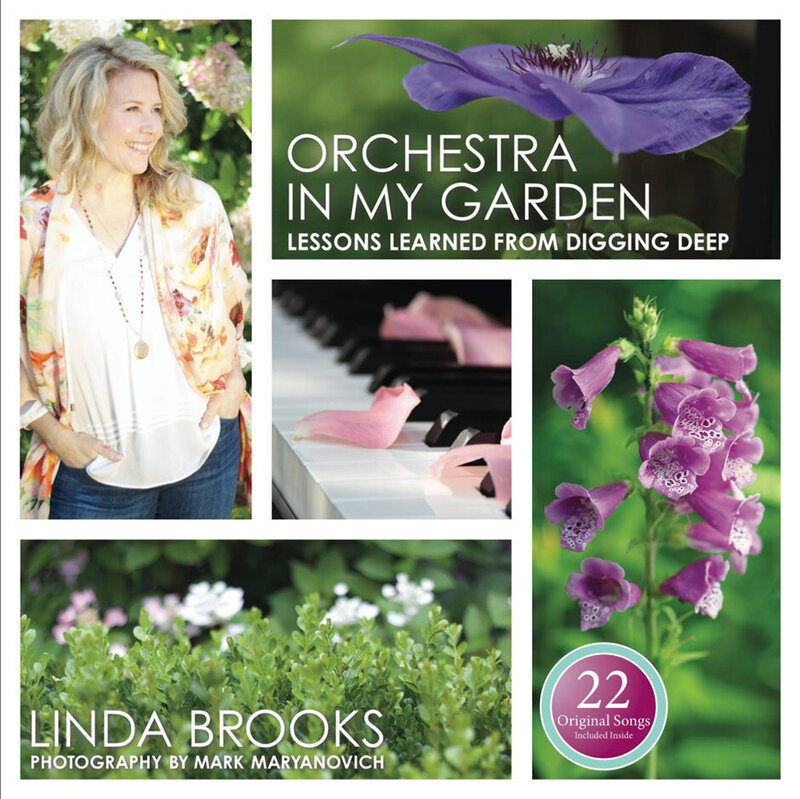 Book Cover collage of photos featuring Author Linda Brooks piano keys covered in rose petals closeups of flowers and bushes Title Orchestra In My Garden