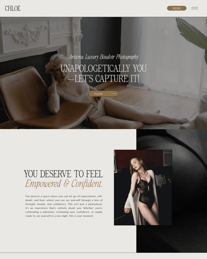 Chloe Showit website template for photographers featuring a bold, luxurious design—perfect for showcasing portfolios and attracting high-end clients.