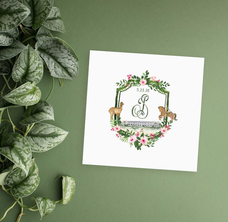 Green watercolor wedding crest with flowers