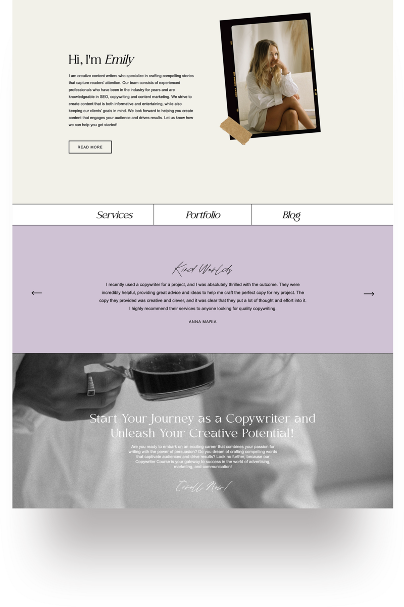 Madrid Showit Template Homepage: A stylish and modern design crafted for copywriters, capturing attention and engaging visitors effectively.