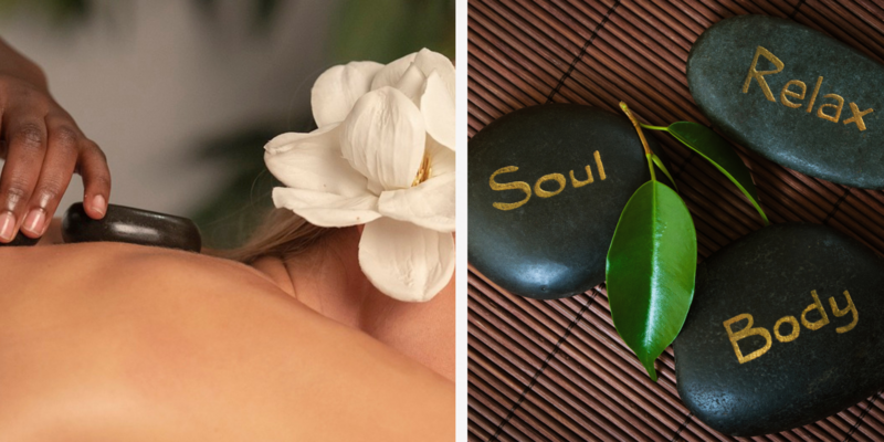 Two square images. Left image is a woman's back with a thearpist's hand placing hot stones. Right image is of three dark green stones with one word engraved in gold on each: Relax, Body, and Soul