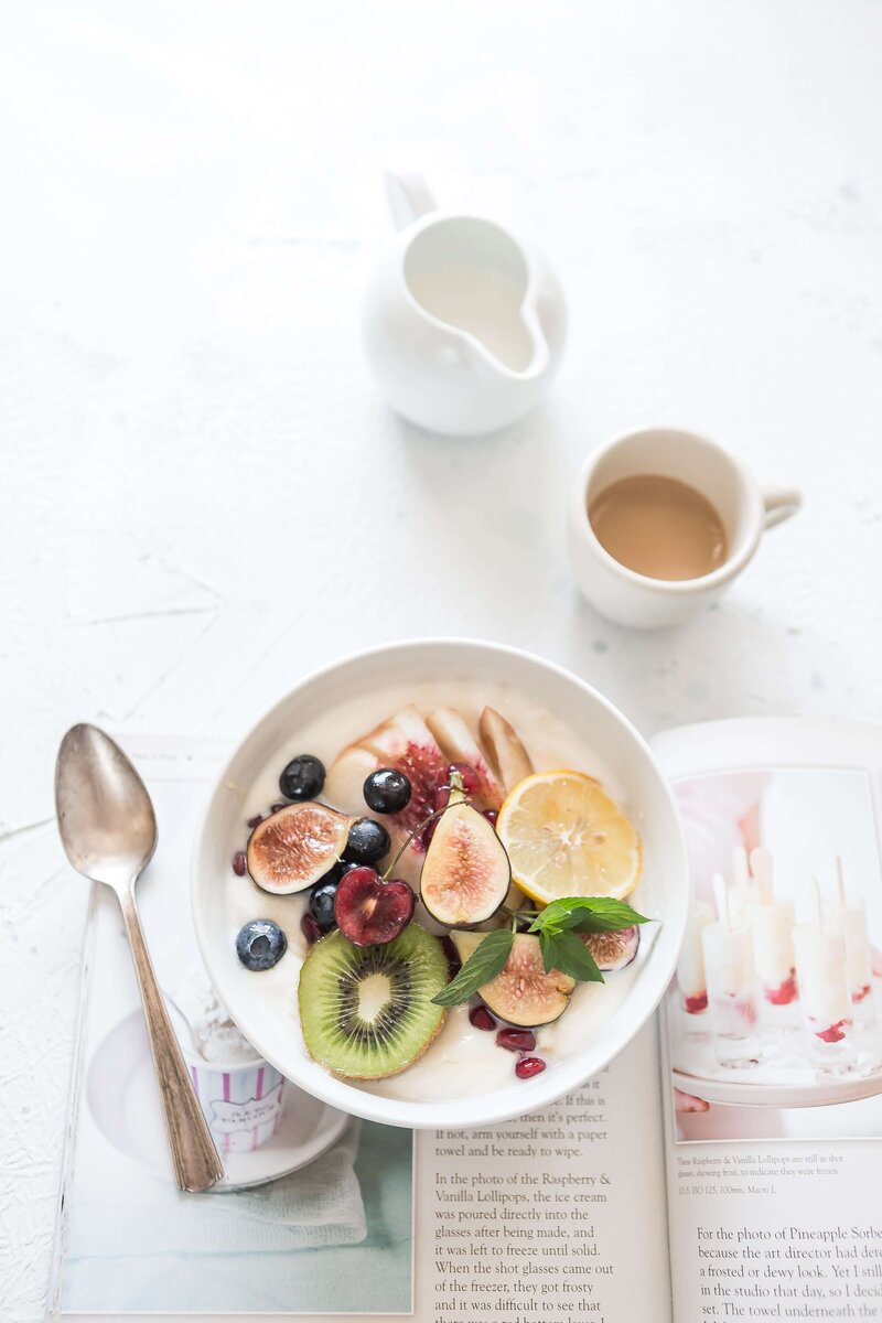 coffee and fruit on a table