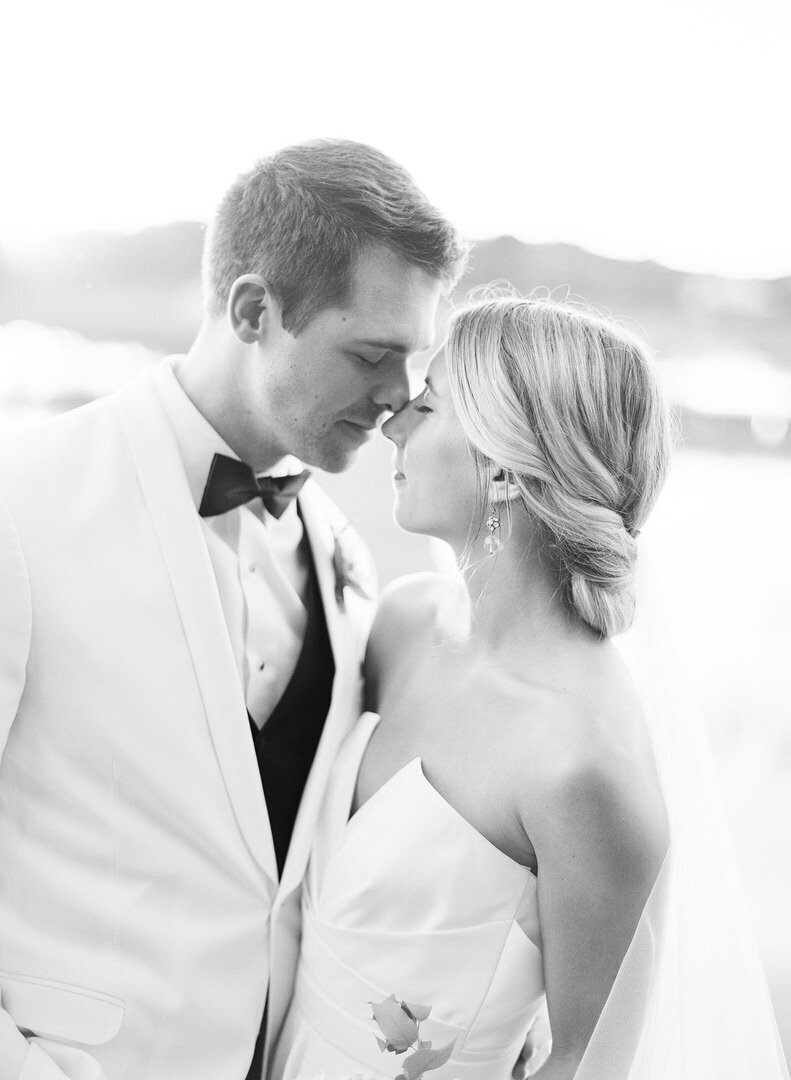 Black and White Photo of Bride and Groom Nose to Nose Photo