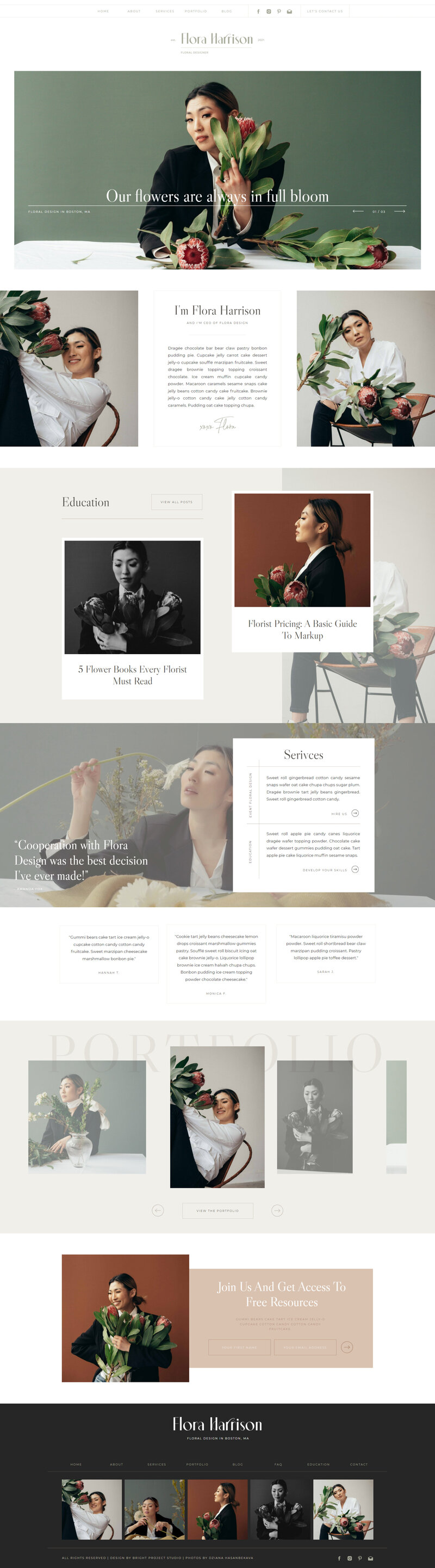 Flora is a elegant, modern and sleek Showit website. The design is perfect for floral designers, photographers and service-based businesses.