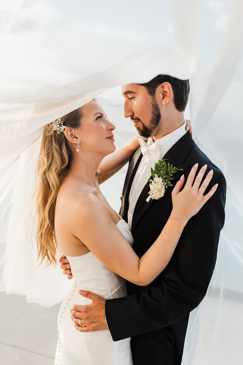 bride and groom under veil