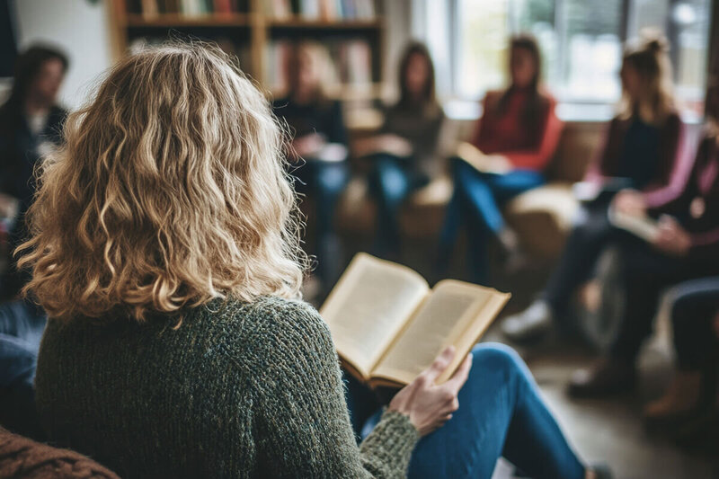 Woman with long blonde hair wearing a green sweater and jeans reading a book in the foreground. In the background, a group of people sit together in a living room circle reading along, creating the feel of a small group or book club gathering.