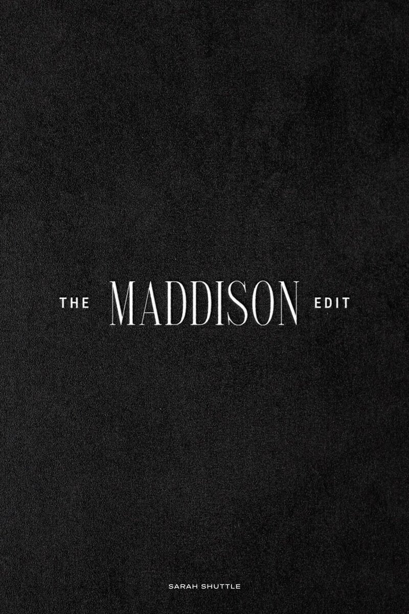 Refined wordmark logo for The Maddison Edit on a black textured background, showcasing timeless, high-end brand design.