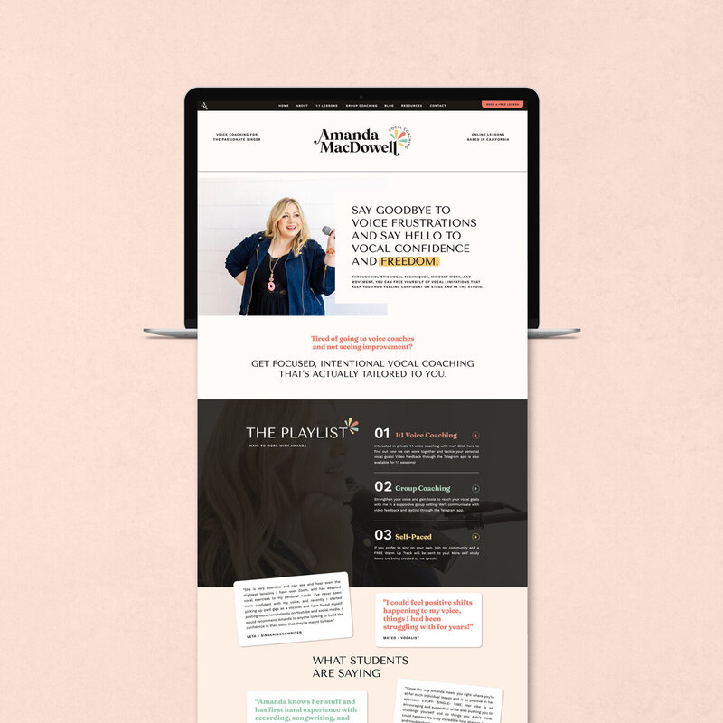 homepage design for vocal coach amanda macdowell