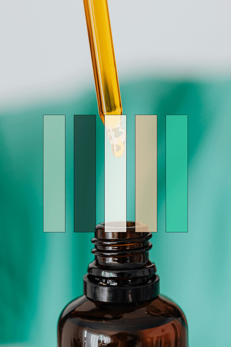 Maquette de présentation de l'identité visuelle de Herbes & Cures, qui représente la palette de couleurs de la marque.