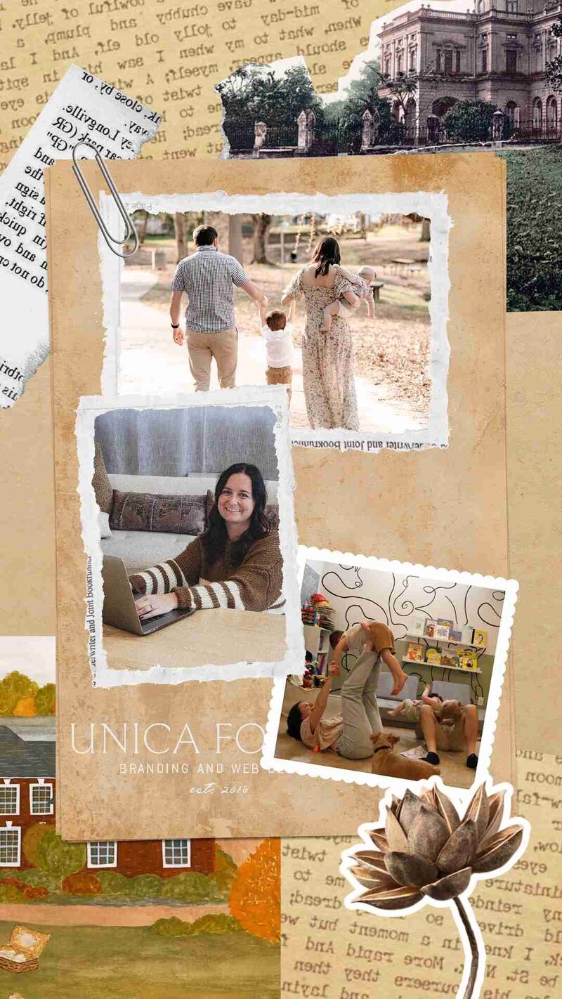 A vibrant collage showcasing a family, their home, and words reflecting Unica Formo's engaging journey.