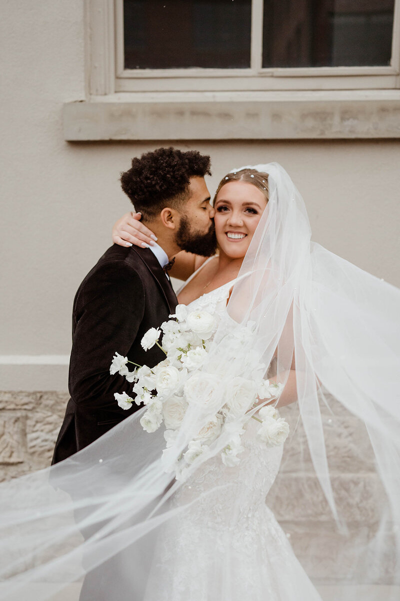 Bride and groom walk up memorial steps at their DC wedding