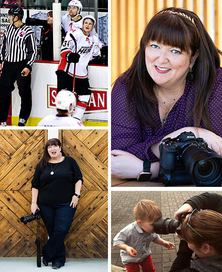 Amy in the suicide box at an AHL game, and with a curious child at a family session