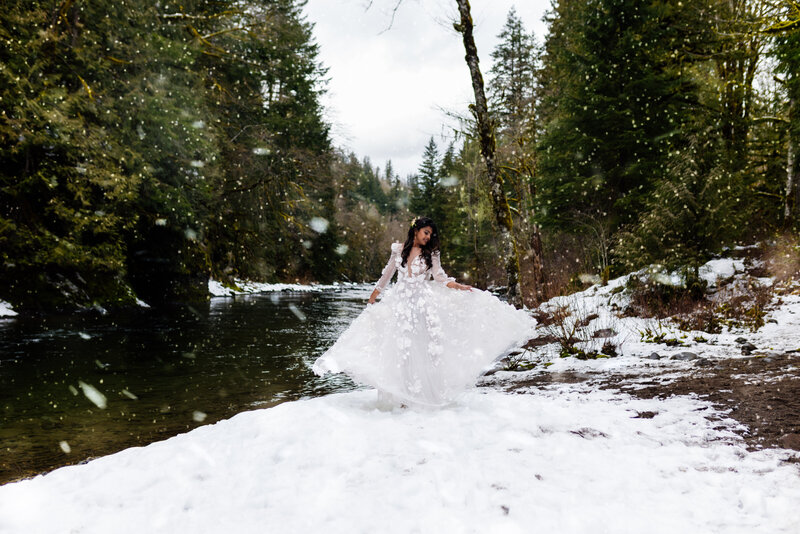 A serene winter elopement showcasing the majestic beauty of snow-dusted pines in the Pacific Northwest.