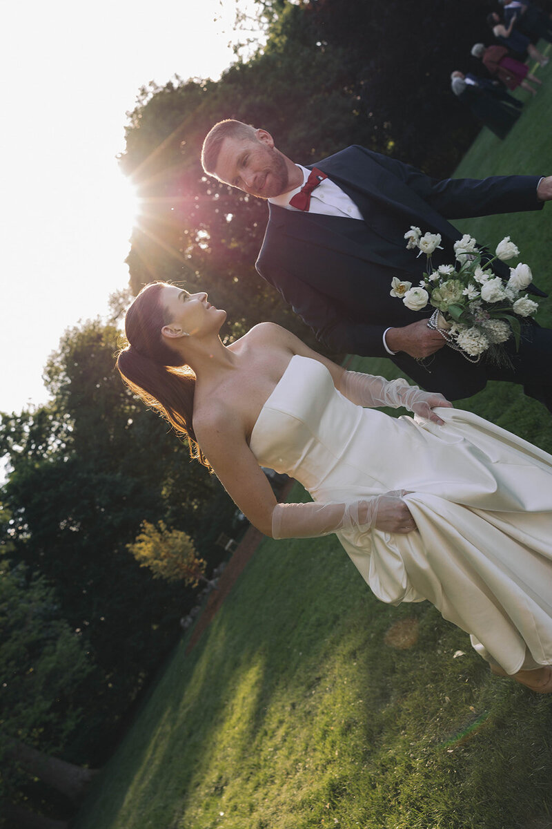 Charlett and Charlie on the lawn in golden light
